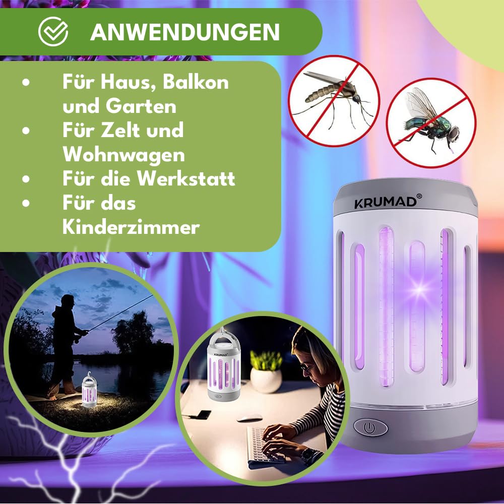 KRUMAD Lampa owadobójcza UV LED 5W, przenośna bezprzewodowa z akumulatorem i ładowaniem USB, lampa na komary i muchy do domu i na zewnątrz, pułapka elektryczna na owady