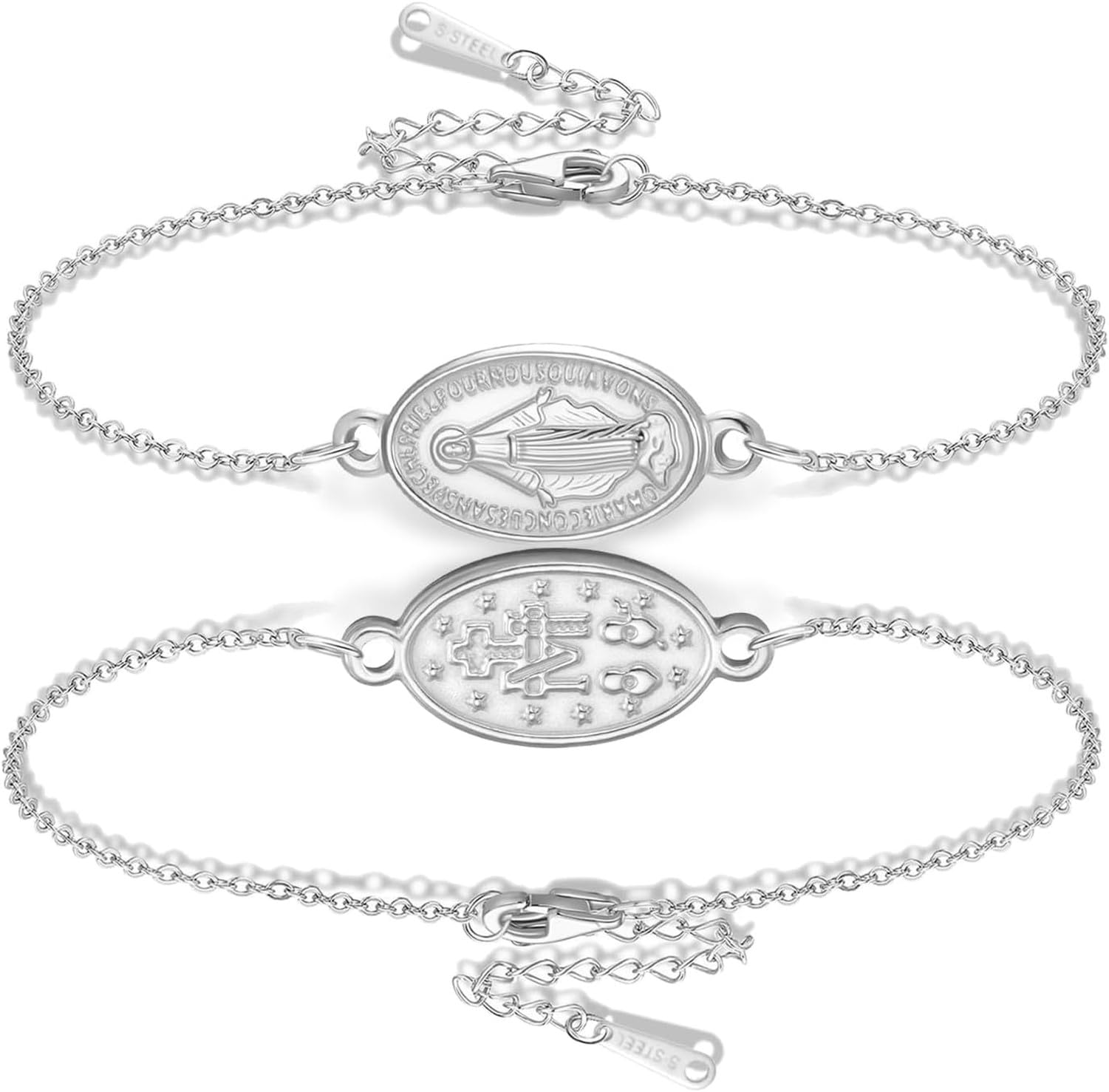 Eouyt Double Sided Rosary Bracelet for Women Men with Virgin Mary Medal Handmade Braided Rope Religious Jewelry Catholic Christian Gift, Silver 1