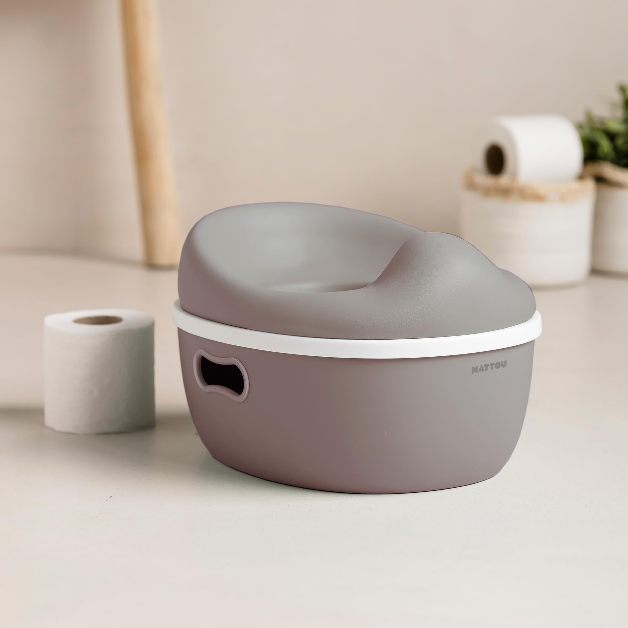 Nattou Babytopf 3in1, Töpfchen + Hocker + Toilettensitz für Kinder, Einfaches Toilettentraining, Ca. 34 cm, Ab ca. 18 Monate bis ca. 4 Jahre, Care, ABS/EVA, Taupe