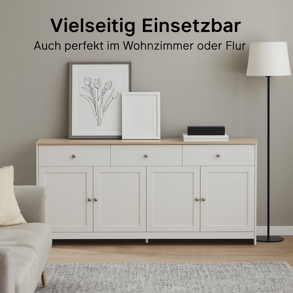 Sideboard 160 cm Weiß Holzoptik mit 3 Schubladen & 4 Türen – Buffetschrank Landhausstil mit Verstellbaren Regalböden – Anrichte für Wohnzimmer & Esszimmer (Weiß, 160 L x 37 B x 75H(cm))