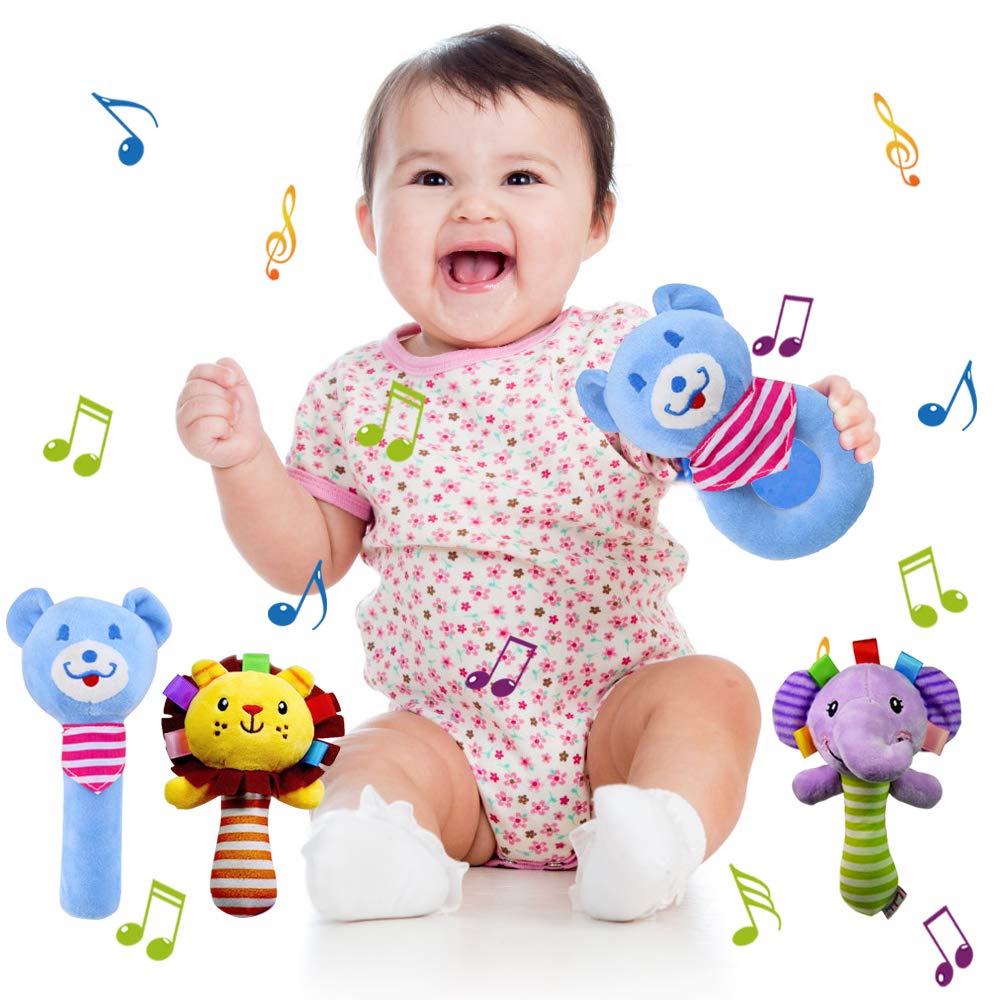 Sealive Baby Rattles Stuffed Animal Bears, 4 pcs Soft Plush Bear Elephant Lion Wrist Rattle for Babies, Early Development Shaker Sensory Toys Newborn Gift Set for Boy Girl : Toys & Games