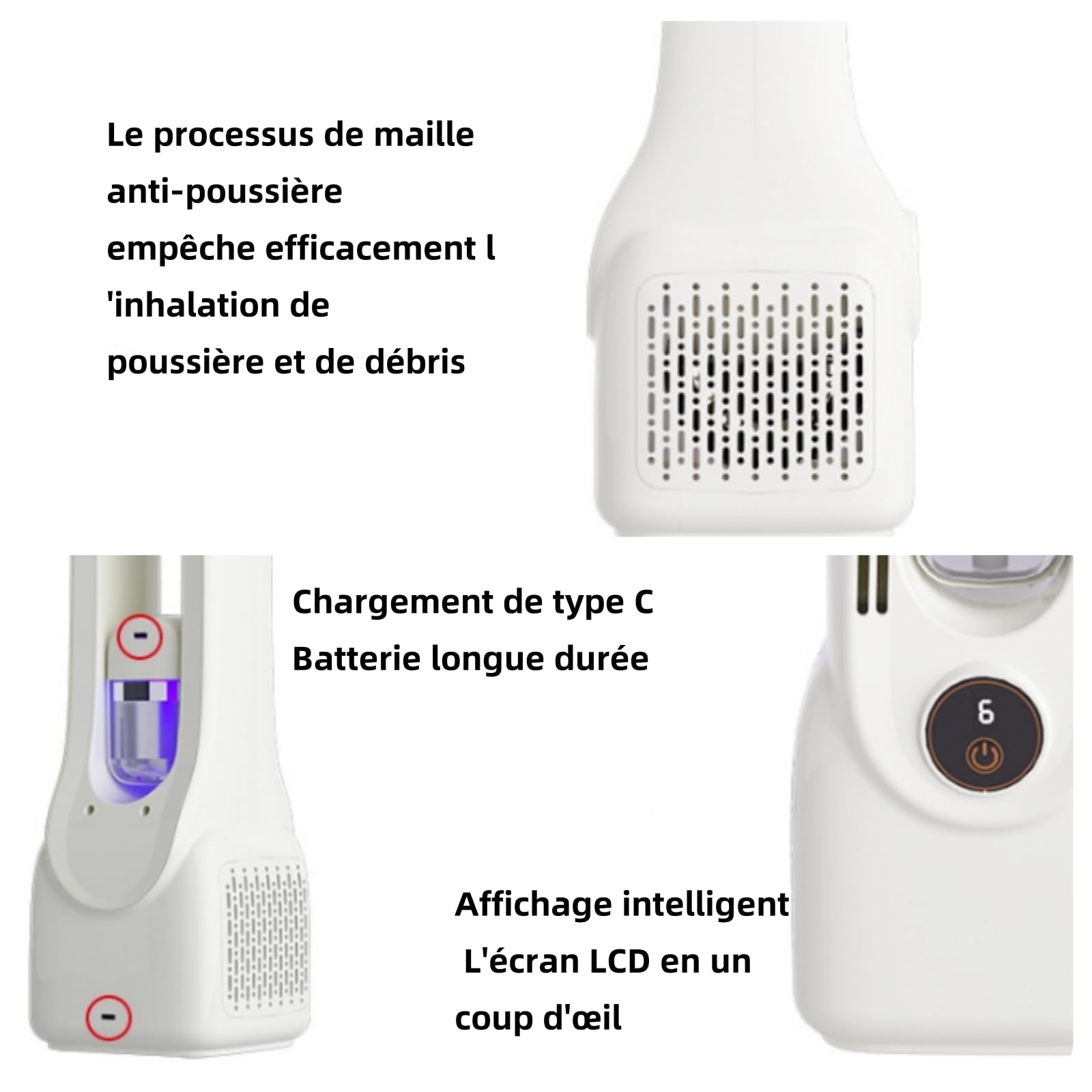 Purificateur d'Air 3-en-1 Portable, Ventilateur Humidificateur, Blanc, 33x12cm, 6 Vitesses, Batterie 6-8h, Écran LCD, Filtre Anti-Poussière, Chargement USB-C