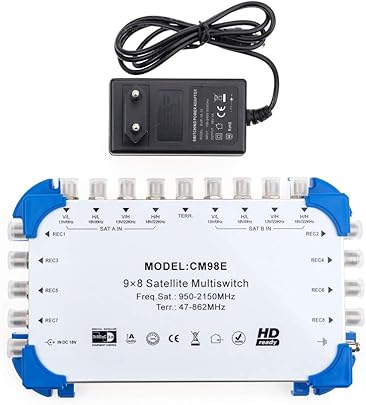 Anboter CM98E Commutatore multiplo 9x8 Satellite amp Terrestrial participants per Quattro Quad LNB con funzione Sleep Wake colore Blu Anboter CM98E Commutatore multiplo 9x8 Satellite amp Terrestrial participants per Quattro Quad LNB con funzione Sleep Wake colore Blu