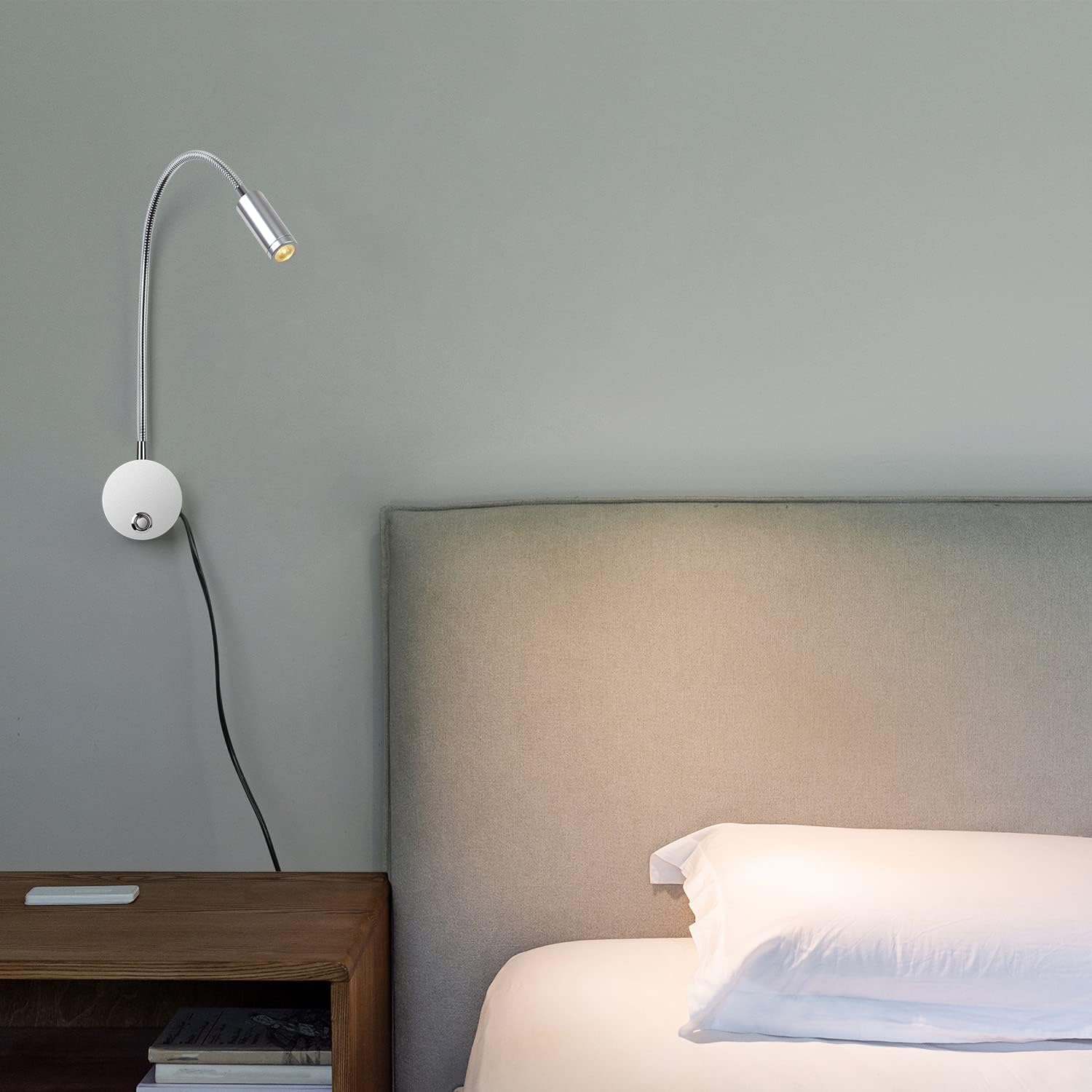 ERWEY Lampada da lettura da parete, lampada da comodino a LED da parete con interruttore touch, dimmerabile e presa di ricarica USB, collo d'oca girevole a 360° con spina e cavo, 3000-6000K, argento