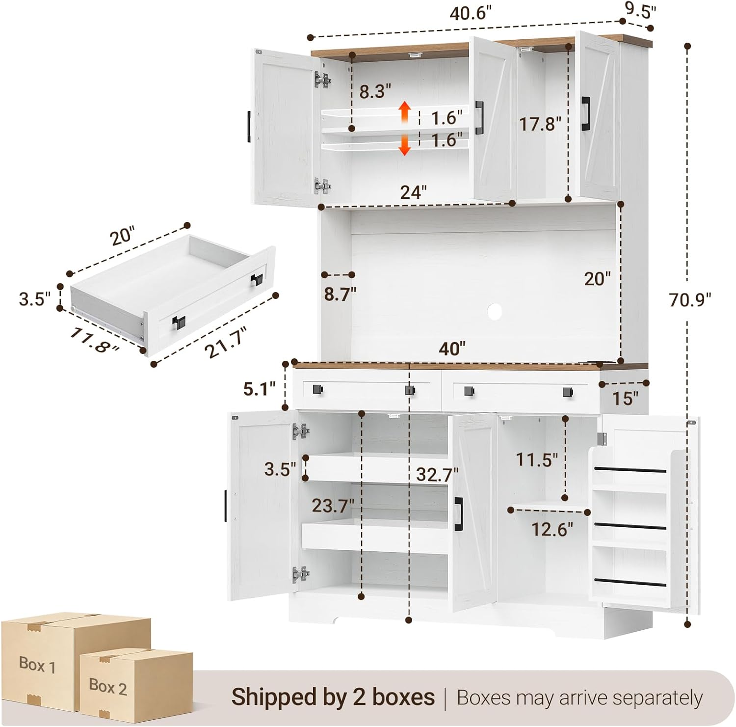 ELYKEN 71" Kitchen Pantry Cabinet with Charging Station & LED Lights, Tall Kitchen Storage Cabinet with Hutch, Farmhouse Pantry with Door Shelf & Pull Out Shelf for Dining Room Kitchen, White