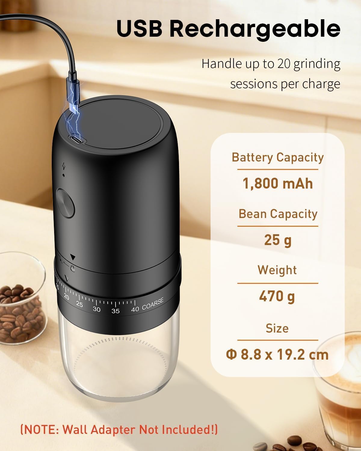 Pawfly Wiederaufladbare Kaffeemühle 40 stufig Keramikkegelmahlwerk mit Auto-Stop & Reinigungsbürste Elektrische Profimühle für Reise Camping