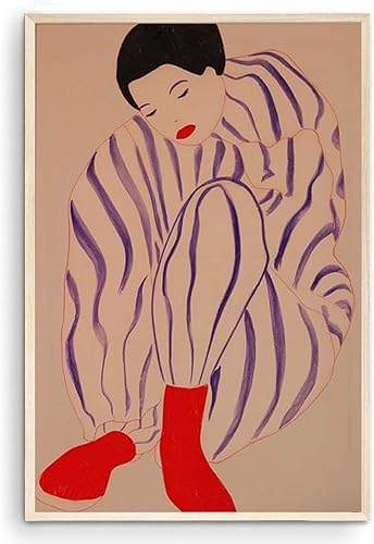 OZCONO Póster de arte de línea, decoración de mujer retro de los años 70, arte de pared Trippy rojo, impresión estética de habitación (sin marco)