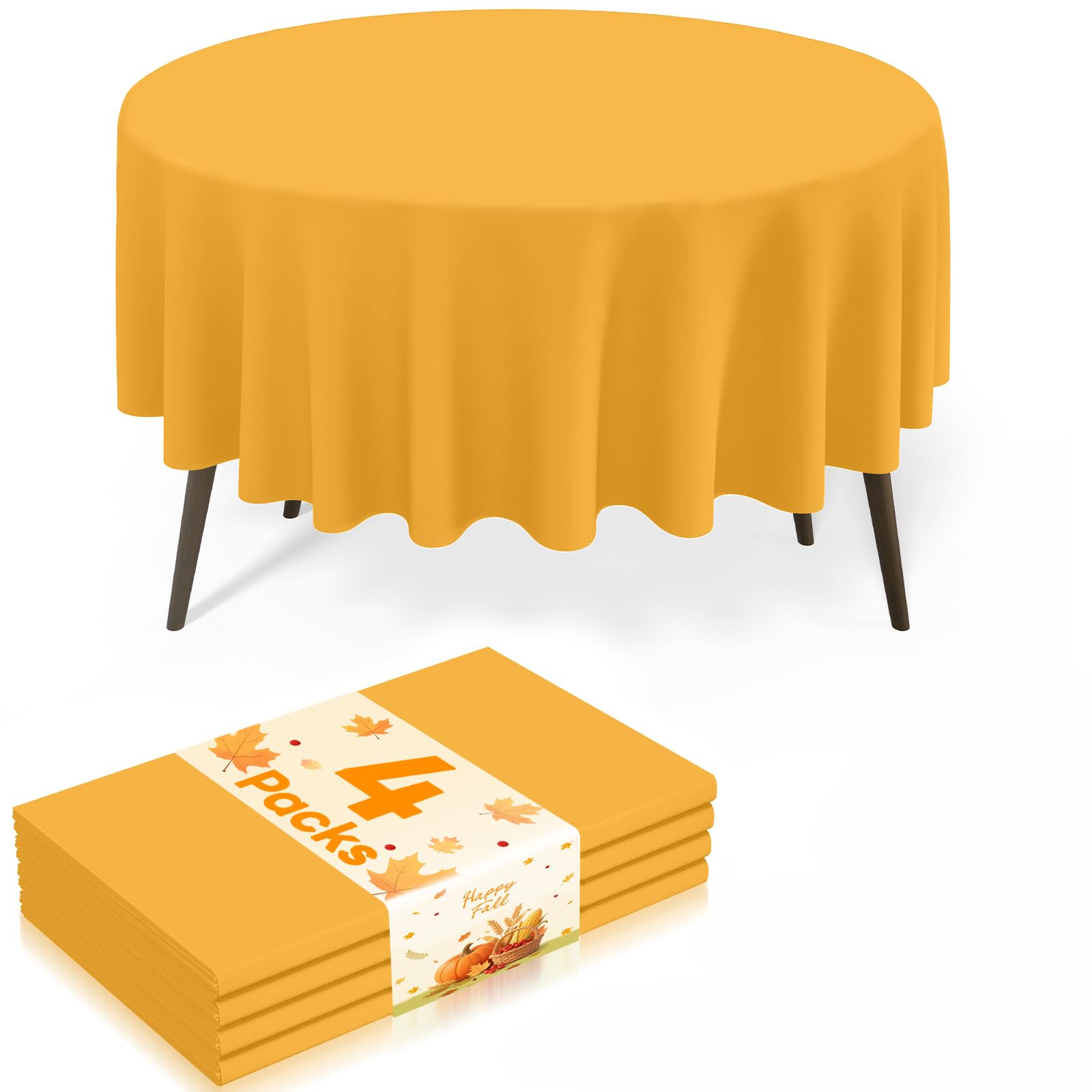 misaya 4 Packs Disposable Plastic Table Cloth, 84" Round Waterproof Tablecloth, Leakproof &amp; Sturdy Decorative Table Covers for Picnic, Party and Outdoor, Mustard Yellow