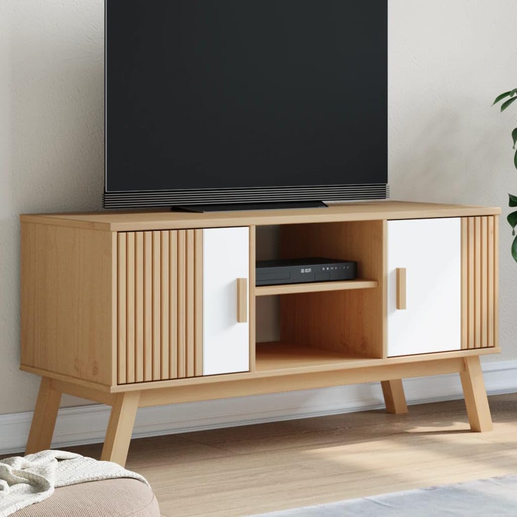 Mueble de TV Olden de madera maciza de pino con diseño bicolor de 114 x 43 x 57 cm