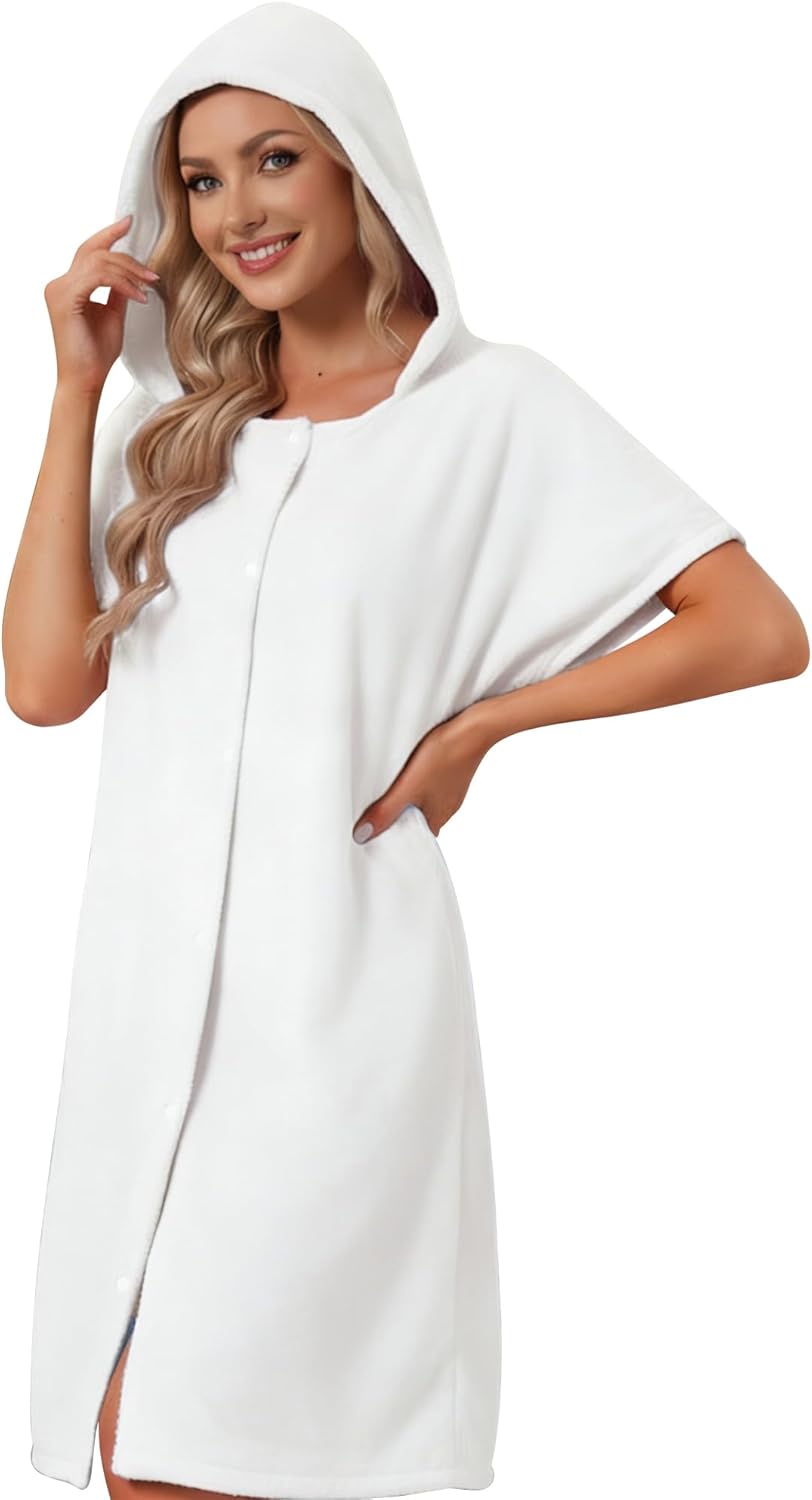 cheibear Womens Towel Dress Hooded Wearable Button Snaps Cover Up Spa Beach Gym Body After Shower BathRobe Towels Wrap