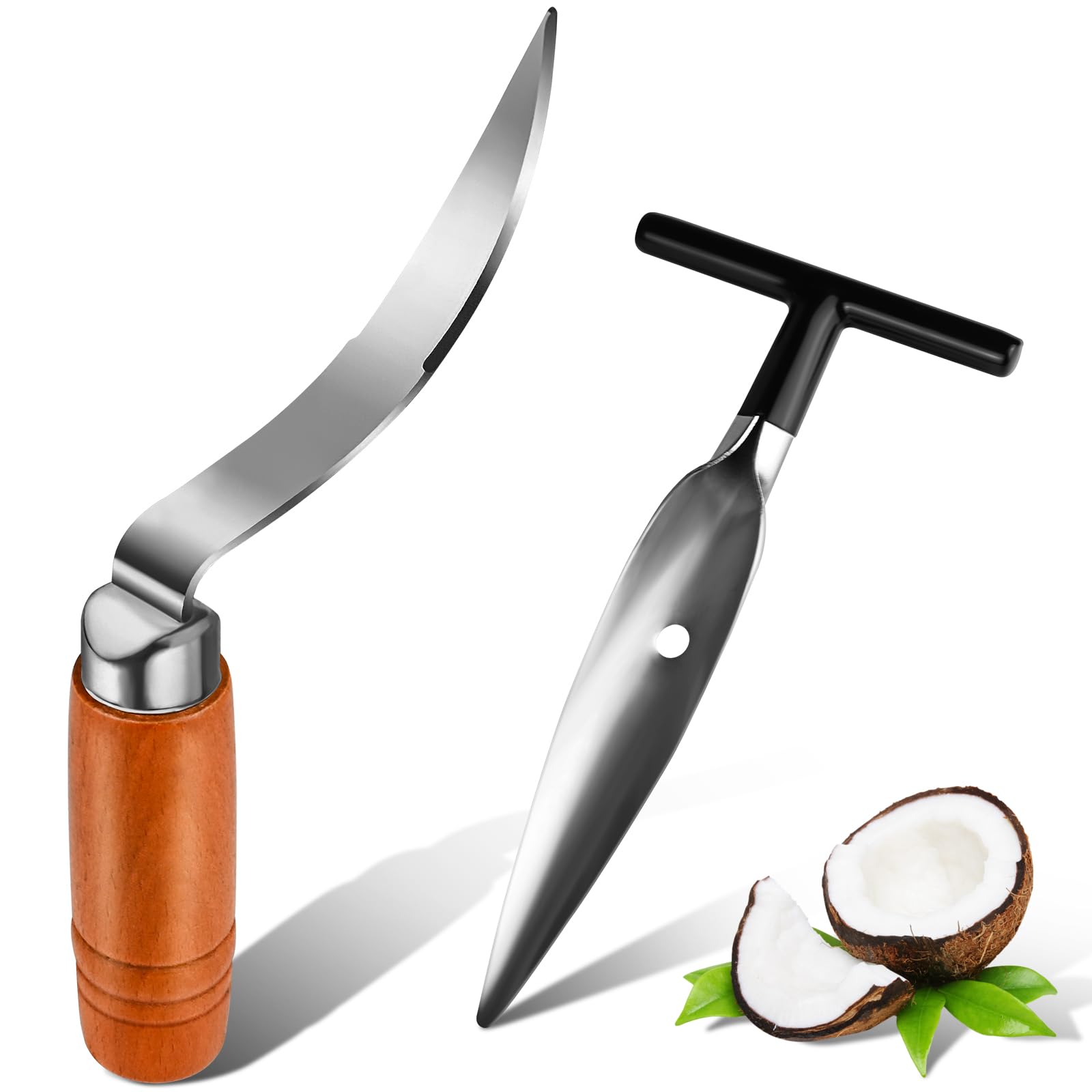Premium Coconut Opener Tool Set - Stainless Steel Coconut Puncher and Coconut Meat Remover Scraper Knife with Durable Non-Slip Wood Handle, Coconut Punch Tools