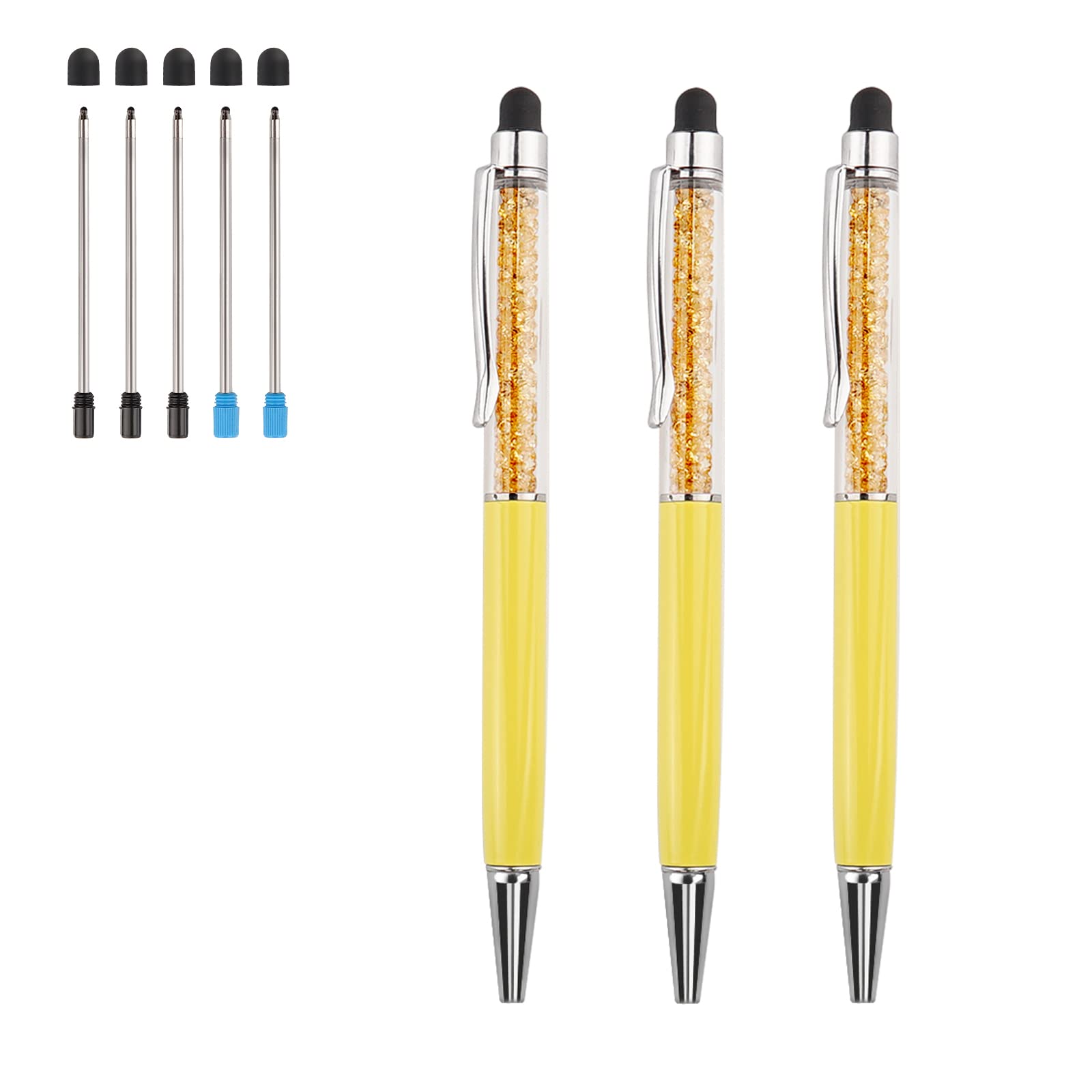 2 In 1 Bling Crystal Diamond Pen 3 Pieces Capacitive Touch Screen Stylus With Replacement Refills Black Blue Ink Rubber Tips For Iphone Ipad Kindle Touchscreen Devices Pink