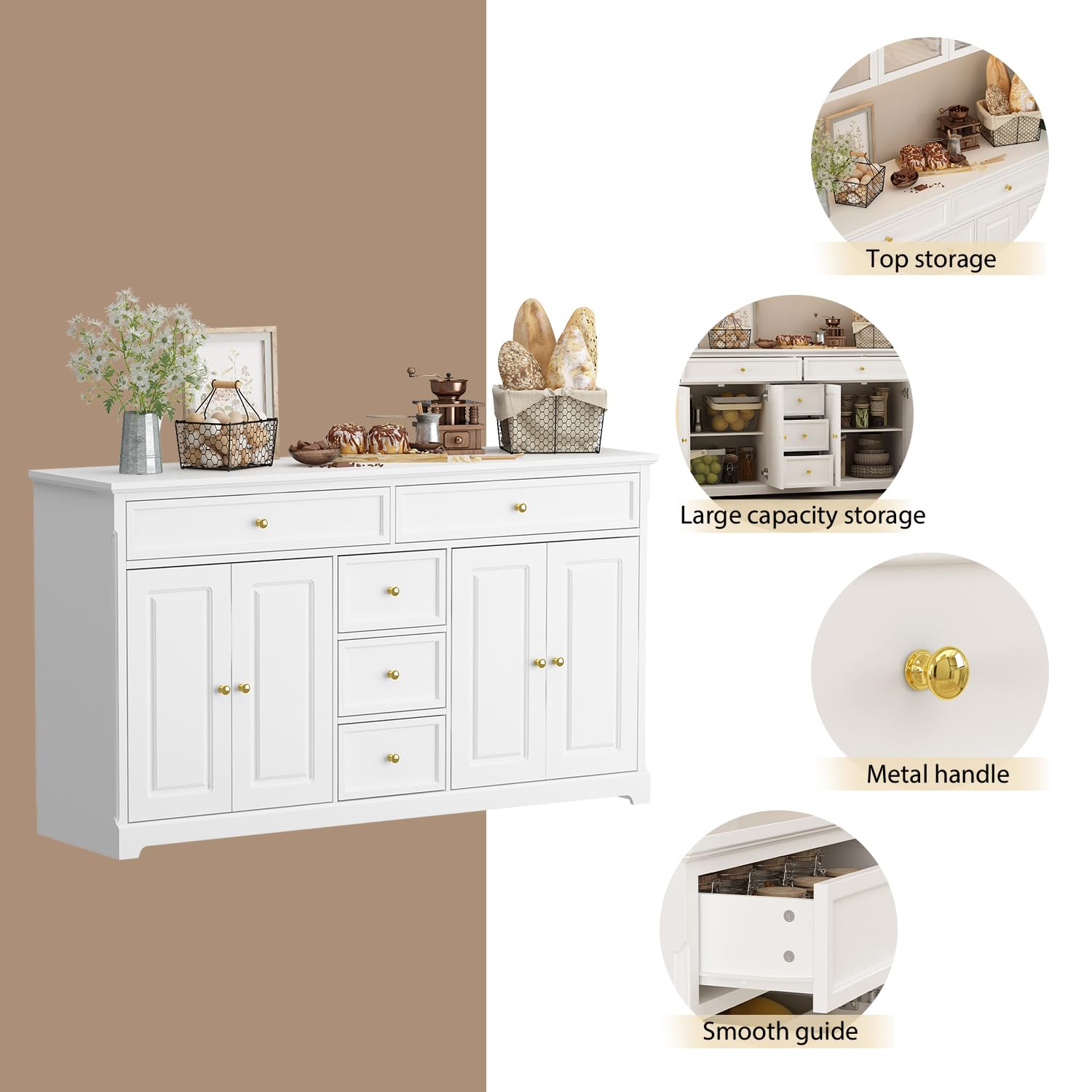 FUFU&GAGA Buffet Cabinet With 5 Drawers & 4 Doors - 59.1x15.7x33.5 Inches, Farmhouse Style, Grey