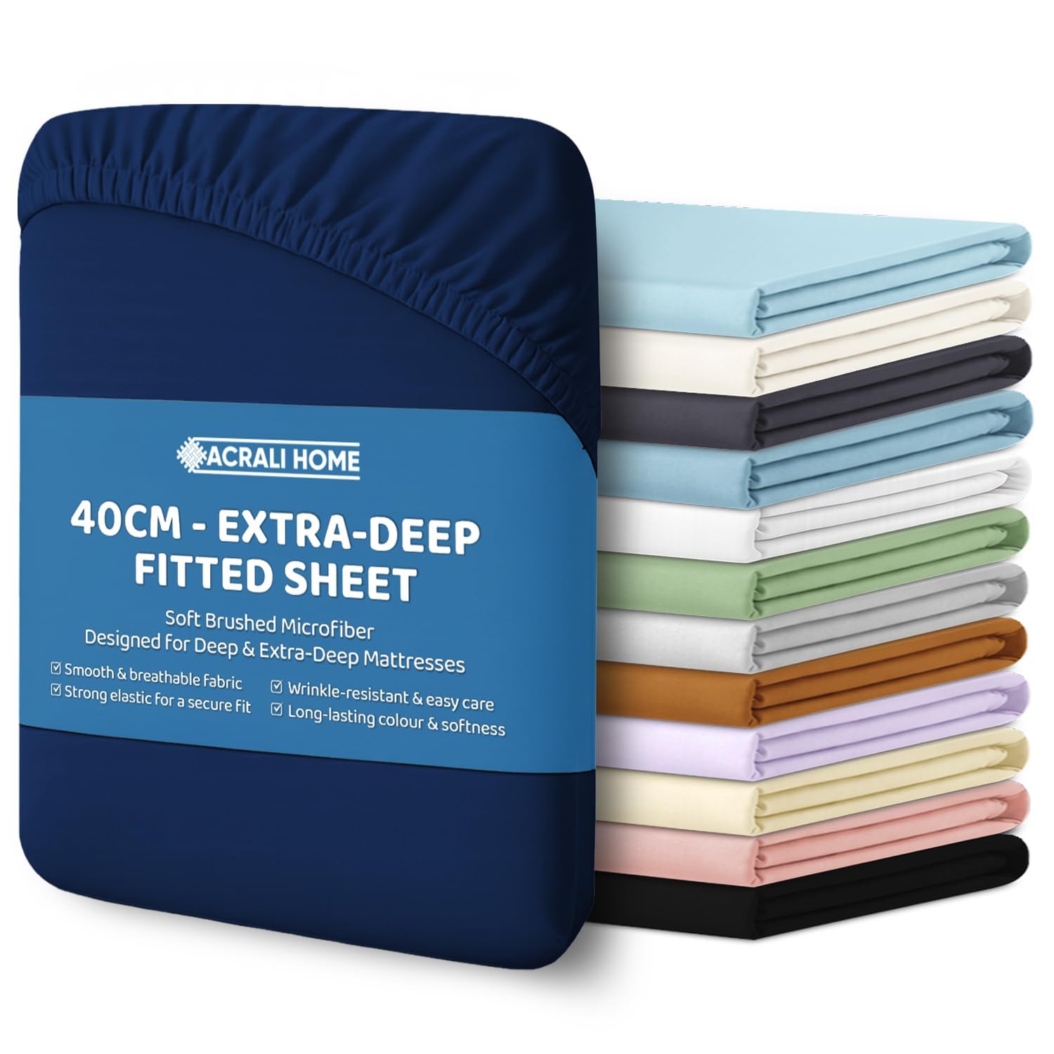 Acrali Home Navy Blue King Fitted Sheet - Bottom Sheet For King Bed With 40Cm Extra Deep Fit Pocket- Hotel Quality Soft Microfiber Bedsheet - Breathable, Shrinkage And Fade Resistant