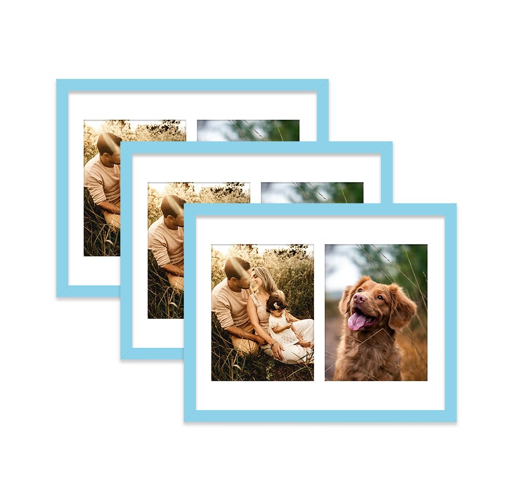 Light Blue Multi Photo Frame - Holds 2 x 8x6 Pictures, Family Collage Picture Frame for Wall Display, 14x11 Frame size, Set of 3