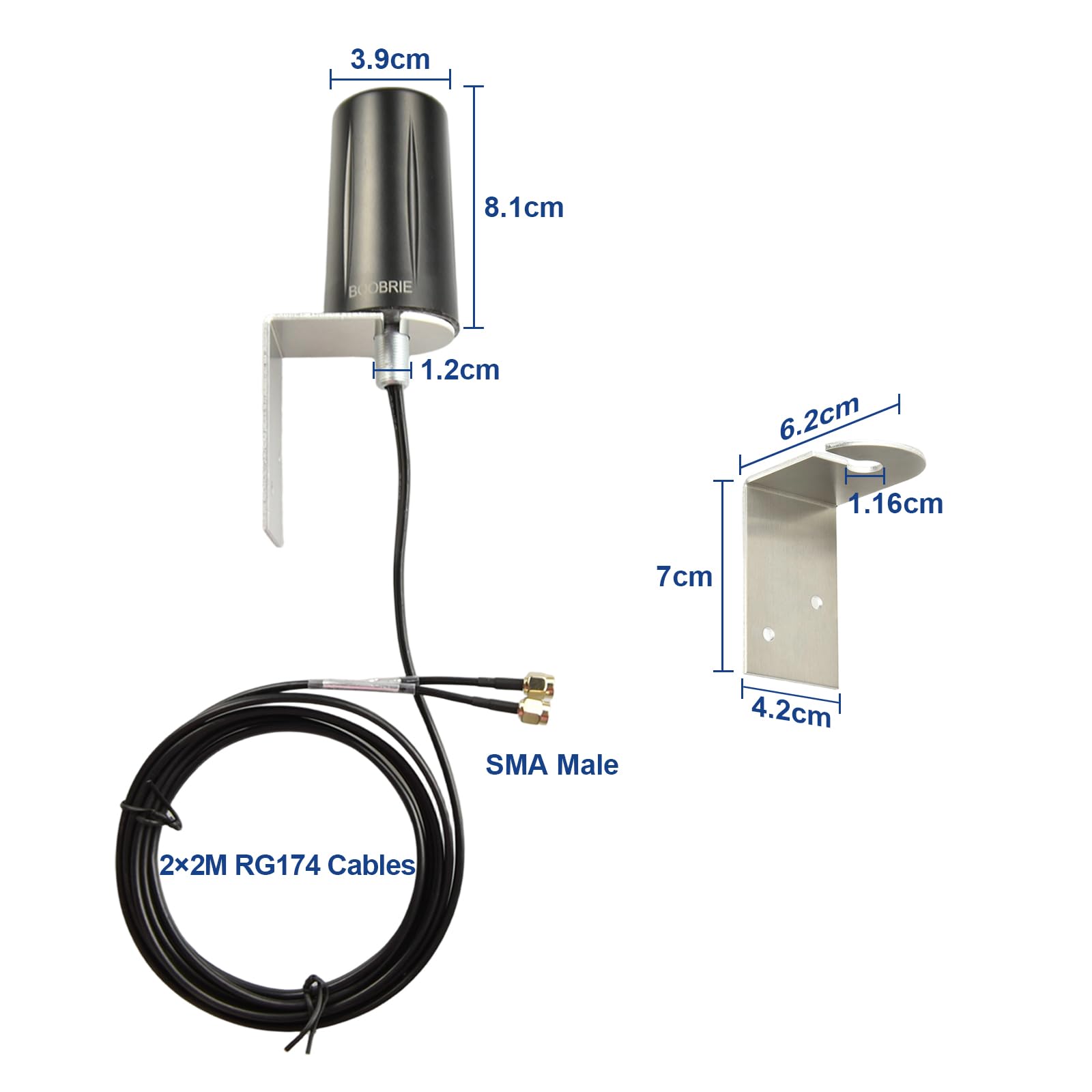 Antenna da Cabinet BOOBRIE 4G+2.4G Dual Band Alto Guadagno (700-3800MHz) Impermeabile con 2 Cavi RG174 2M e Connettore SMA - per IoT/Colonnine di Ricarica Smart/Reti Esterne