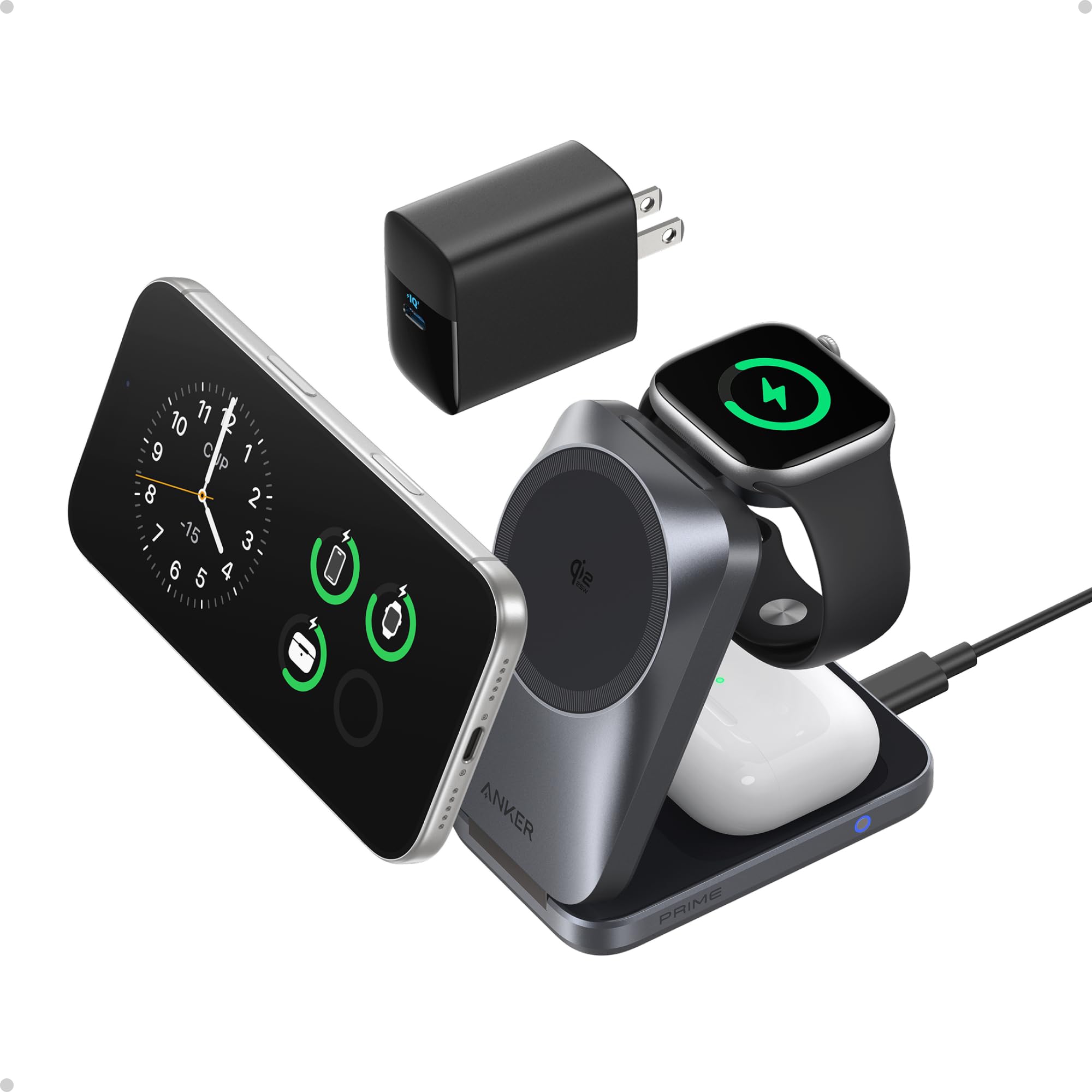 Anker Prime 3-in-1 Wireless Charging Station, MagSafe Charger Stand Compatible, Qi2.2 25W Certified Palm-Sized Foldable Charger for iPhone 17/16, Apple Watch, AirPods (Black)