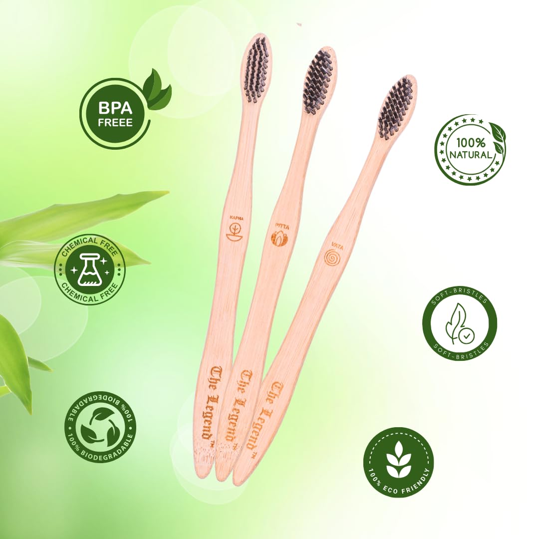 The Legend Bamboo Wooden Toothbrush with Activated Charcoal Infused Brishtles, Pack of 3 Units, 1 Storage Bag 1