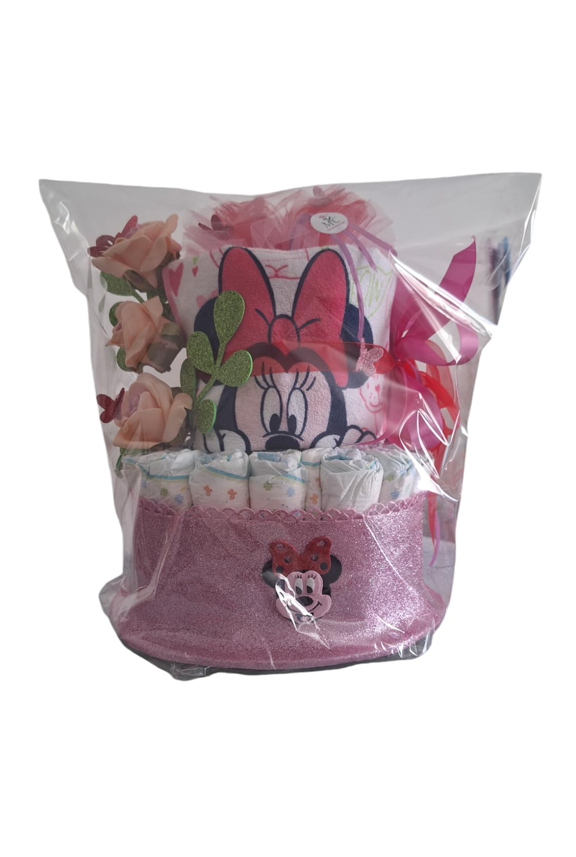 MC® Torta di Pannollini Rosa Composta da 30 Pannollini su due piani e 2 Bavette regalo per nascita battesimo compleanno mc composizioni