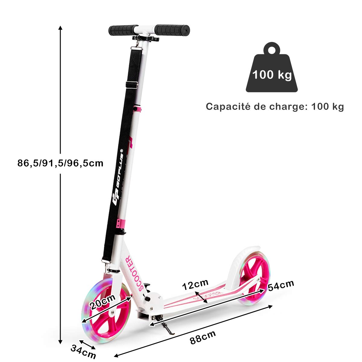 GOPLUS Trottinette Enfant Pliable – 2 Roues Lumineuses – Guidon Réglable 70/75/80 Cm – Frein Arrière – Max 50 Kg – Dès 3 Ans