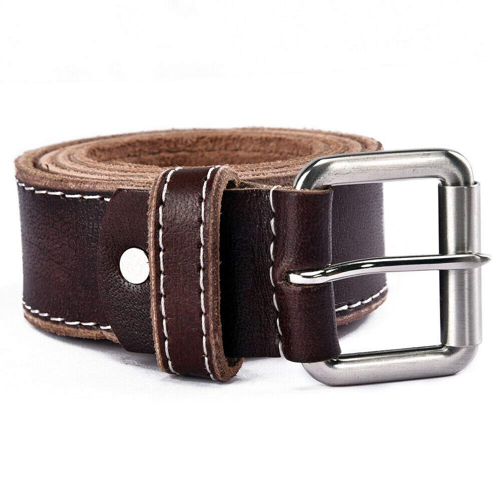 KERTZ Mens Belt Full Grain 100% 3.5mm thick Genuine Leather with single prong solid roller buckle-For Jeans,trousers,denims (36-38, Brown)
