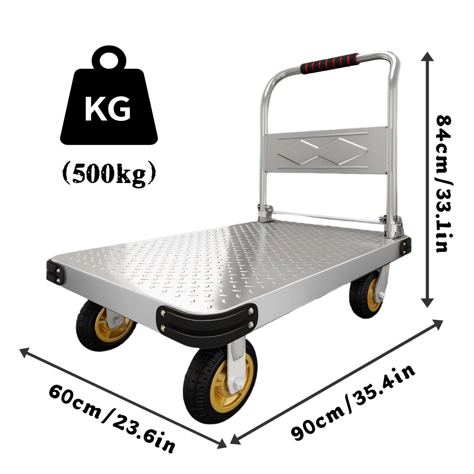 500kg Carro de Plataforma Transporte Plegable con Ruedas | Carretilla Acero, Banda de Goma Anticolisión, Antideslizante, para Almacenes Talleres, Mudanzas, Hogar, Oficina, 90 x 60 cm