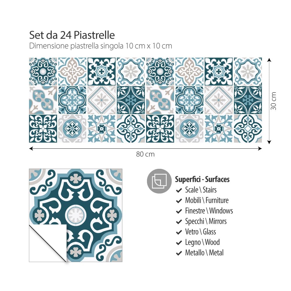 RE-COVERTILES - Adesivi per Piastrelle Bagno e Cucina 24 Pz 10x10 cm - PS00206 Decorazione murale in PVC impermeabile mattonelle mosaico stile cementine Azulejos