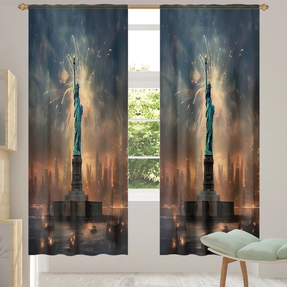 TropicalLife Lot de 2 voilages transparents pour fenêtre de salon, chambre à coucher, cuisine, porte de maison - Motif paysage de New York - 139,7 x 198 cm