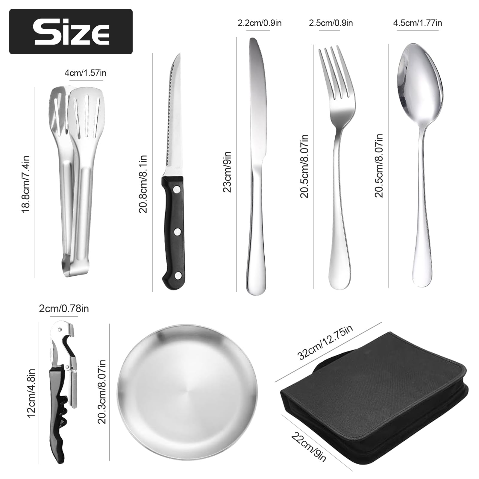 Campingbesteck Set für 4 Personen - Edelstahl Camping Geschirr Set für Outdoor, Picknick und Reisen - mit Edelstahl Messer, Gabel, Löffel und Teller, Tragbares Besteck Inklusive Bestecktasche