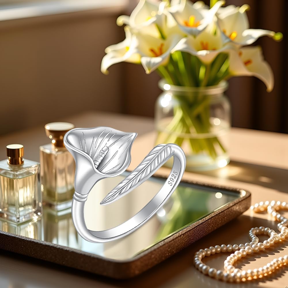 Calla Lily Gifts Calla Lily Ring for Women Sterling Silver Adjustable Ring Flower Open Design Elegant Jewelry for Women - Image 4