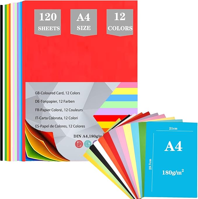 120 Sheets Coloured Card, A4 Coloured Paper Craft Card Coloured