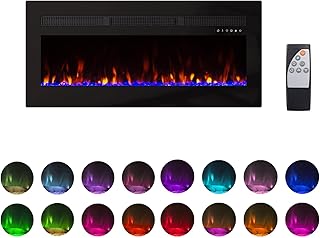 Panana Electric Fireplace Heater Wall Mounted, 50 inch Wide Recessed Electric Fireplace, 1400W, 8H Timer, 20 Color Flame, Remote Control, Log Set & Crystal