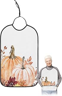 Kewadony Adult Bibs for Elderly Women - Thanksgiving Waterproof Dining Clothing Protectors with Crumb Catcher for Eating/Feeding, Orange Pink Pumpkin Fall Flower Leaf Terry Cloth Bib Machine Washable
