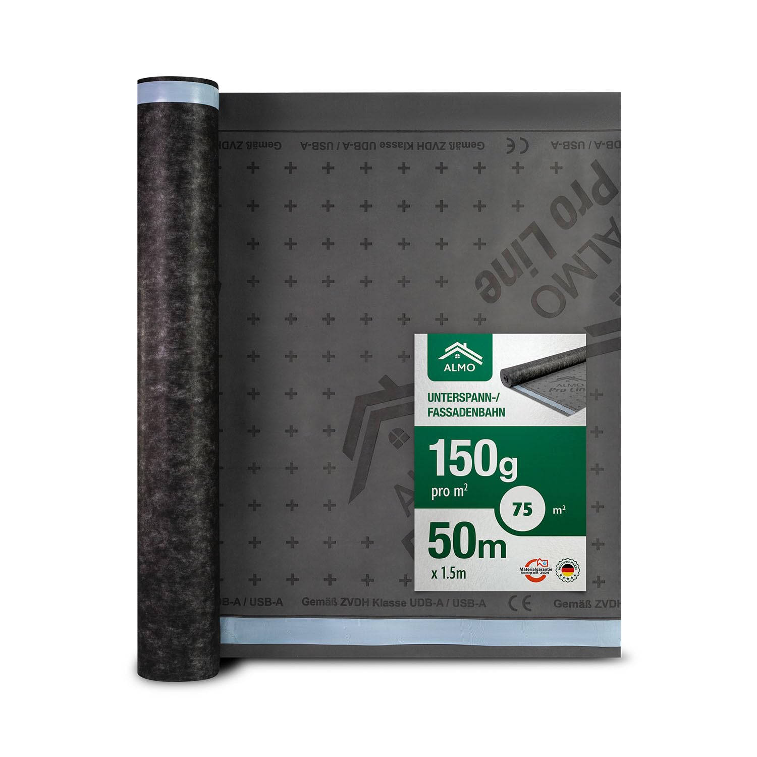 ALMO Unterspannbahn Dach 150g/m² | 75m² (1,5 x 50m) diffusionsoffen & UV-beständig | Wasserabweisende Dachfolie mit 2 Selbstklebestreifen | Fassadenbahn & Unterdeckbahn für Dachabdichtung