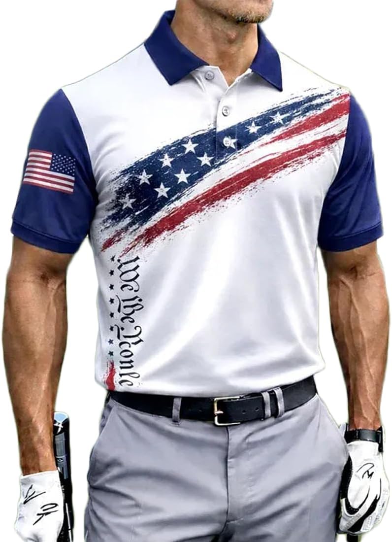 HARGLESMAN Men's 1776 Independence Day American Flag Short Sleeve Polo Golft Shirt(S-3XL)