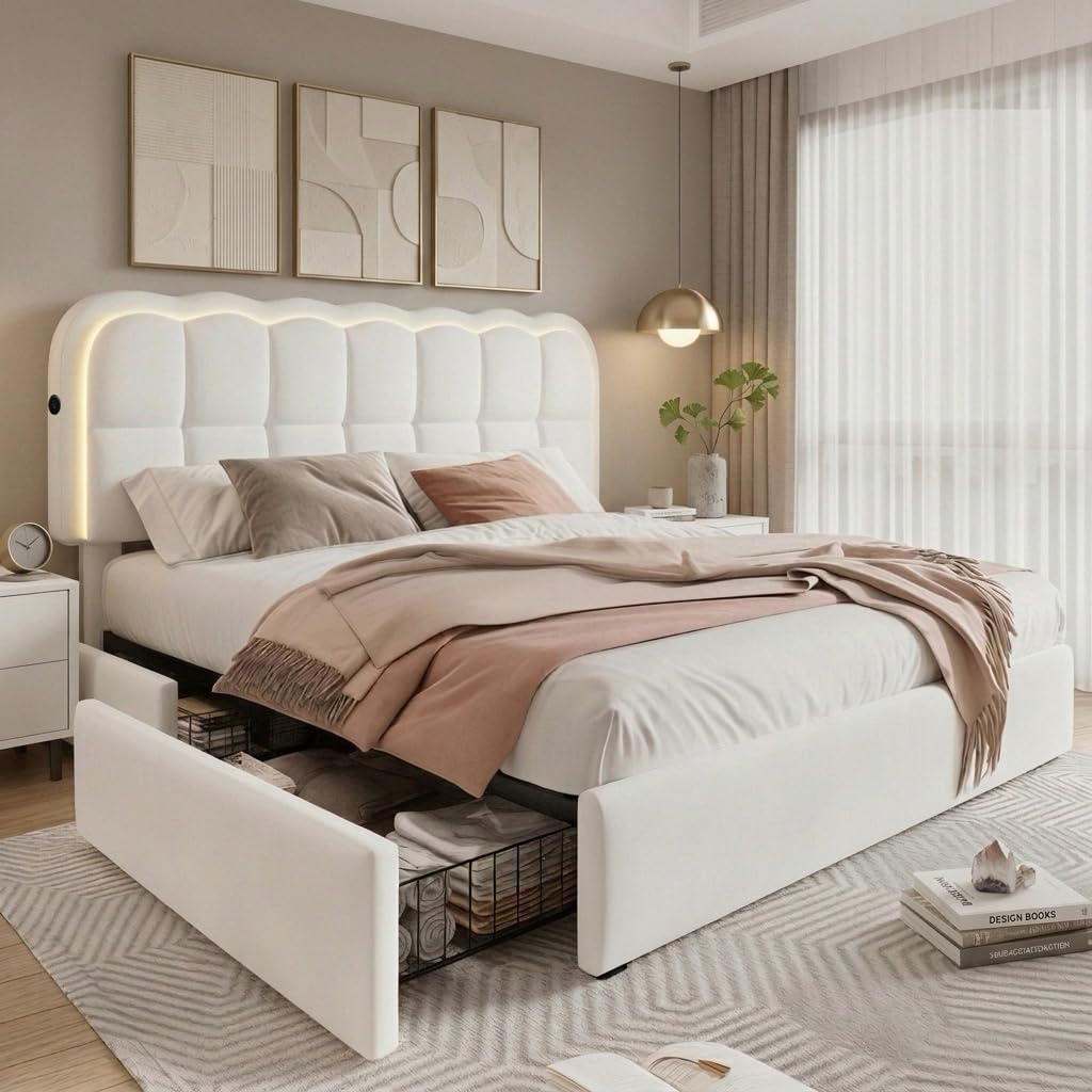 CypBed Modern Queen Size Bed Frame with 4 Storage Drawers &