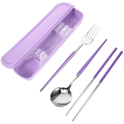 Sosoport Travel Utensil Set With Case 304 Purple Chopsticks Fork Spoon Cutlery Set With Box Reusable Stainless Steel Silverware Set Metal Flatware Set For Travel Camping 1set