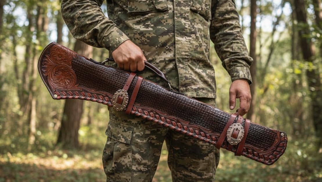 Handcrafted Western Leather 34 Inch Rifle Scabbard – Tooled Floral Design with Handle & Buckle Straps – Durable Horse Saddle Gun Case