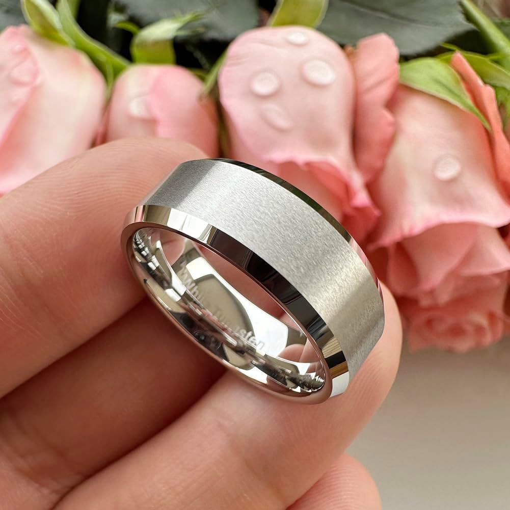 TUTISS 6mm 8mm White Tungsten Rings for Men Women Couple Fashion Jewelry Engagement Wedding Bands Matte Finish Beveled Edges Comfort Fit