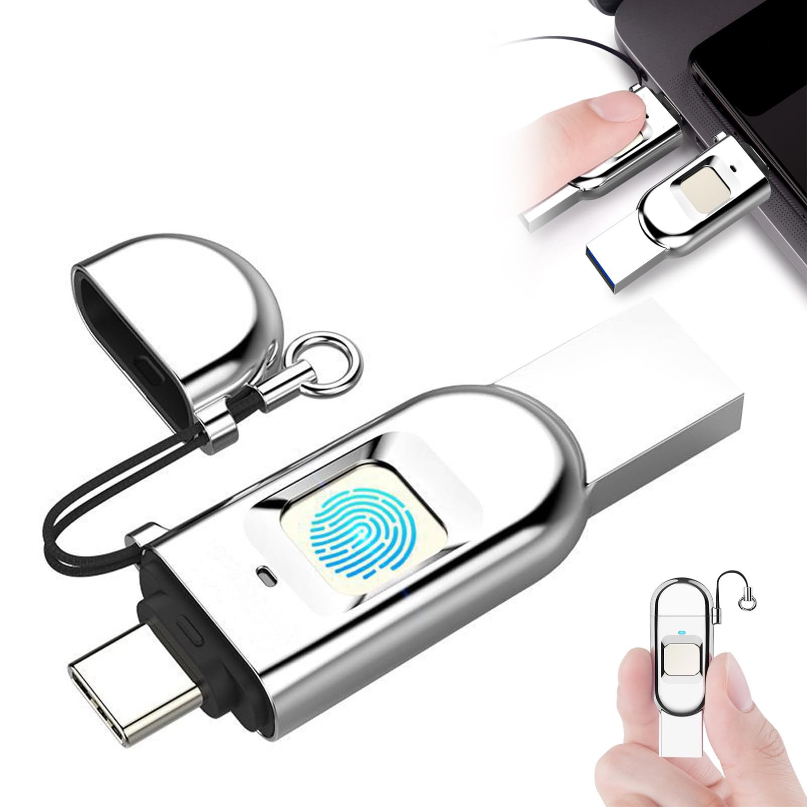 Pamięć USB Z Czytnikiem Linii Papilarnych 32GB/64GB/128GB/256GB, Szyfrowany Pendrive USB 3.0 Z Interfejsami USB C Oraz USB 3.0 I Prędkością Odczytu Do 100 Mb/S. 128GB