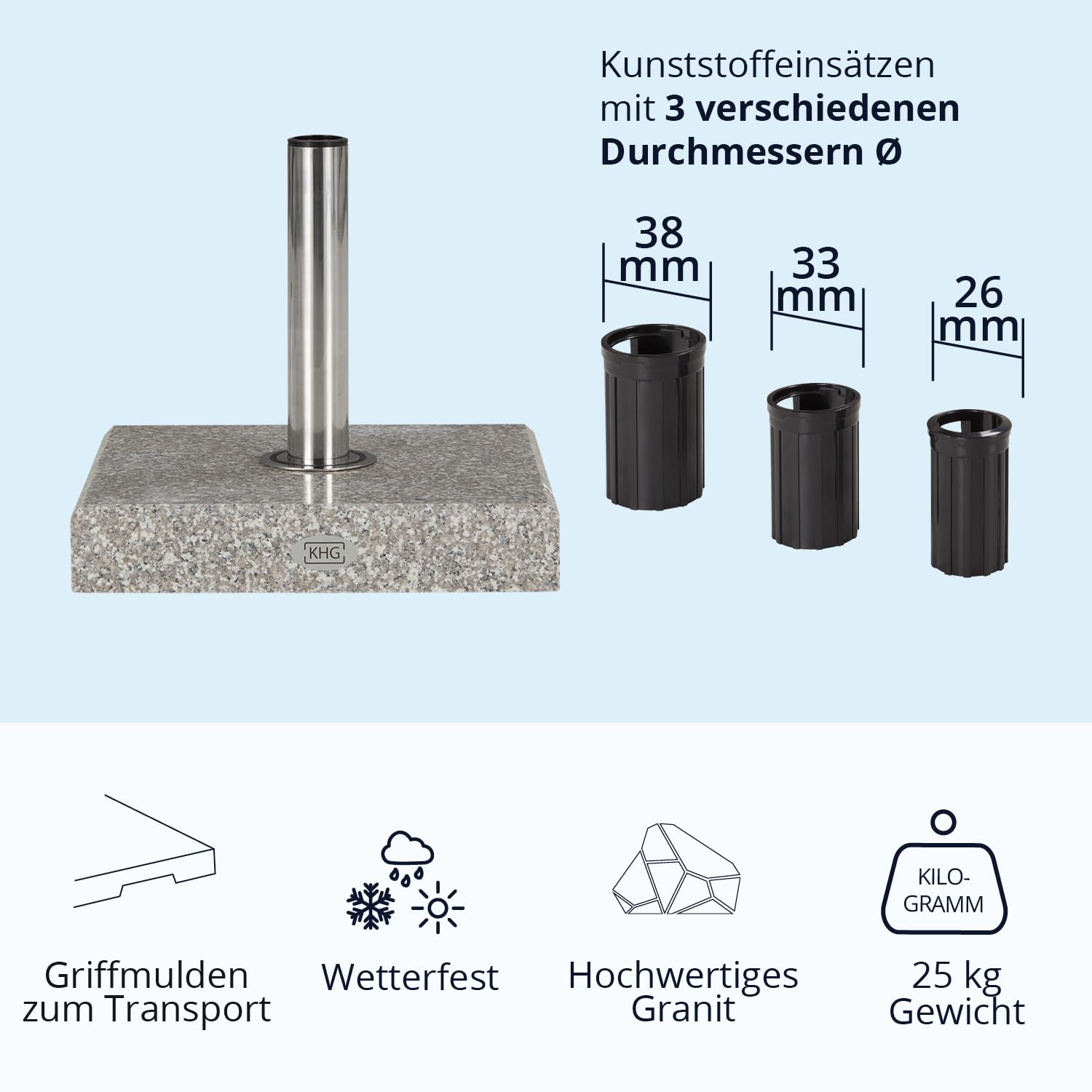KHG Sonnenschirmständer aus Granit, Schirmständer grau quadratisch, 38 x 38 cm, mit Einsätzen für alle gängigen Schirmgrößen, 25 kg mit Griffmulden