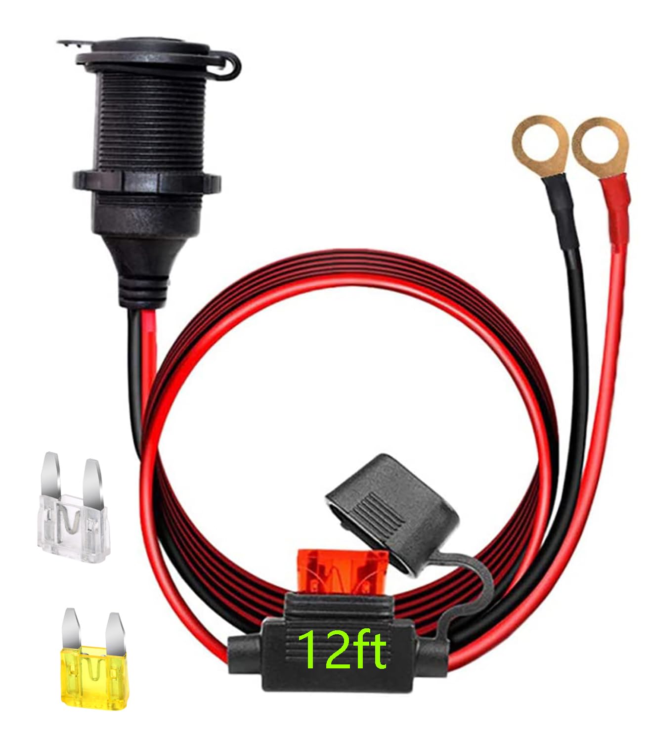 12V/24V Fixed Thread Cigarette Lighter Socket Extension Cable with Perforated Terminal Direct Battery Type car Adapter 2.5mm² 20A Heavy Duty Cable 12 FT（Free Two Blade fuses）