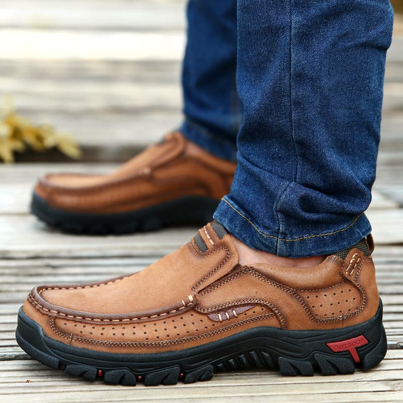 Men's Leather Slip-On Loafers, Casual Hiking Walking Shoes, Brown Perforated Moccasin Style, Rugged Non-Slip Outdoor Comfort Shoes4
