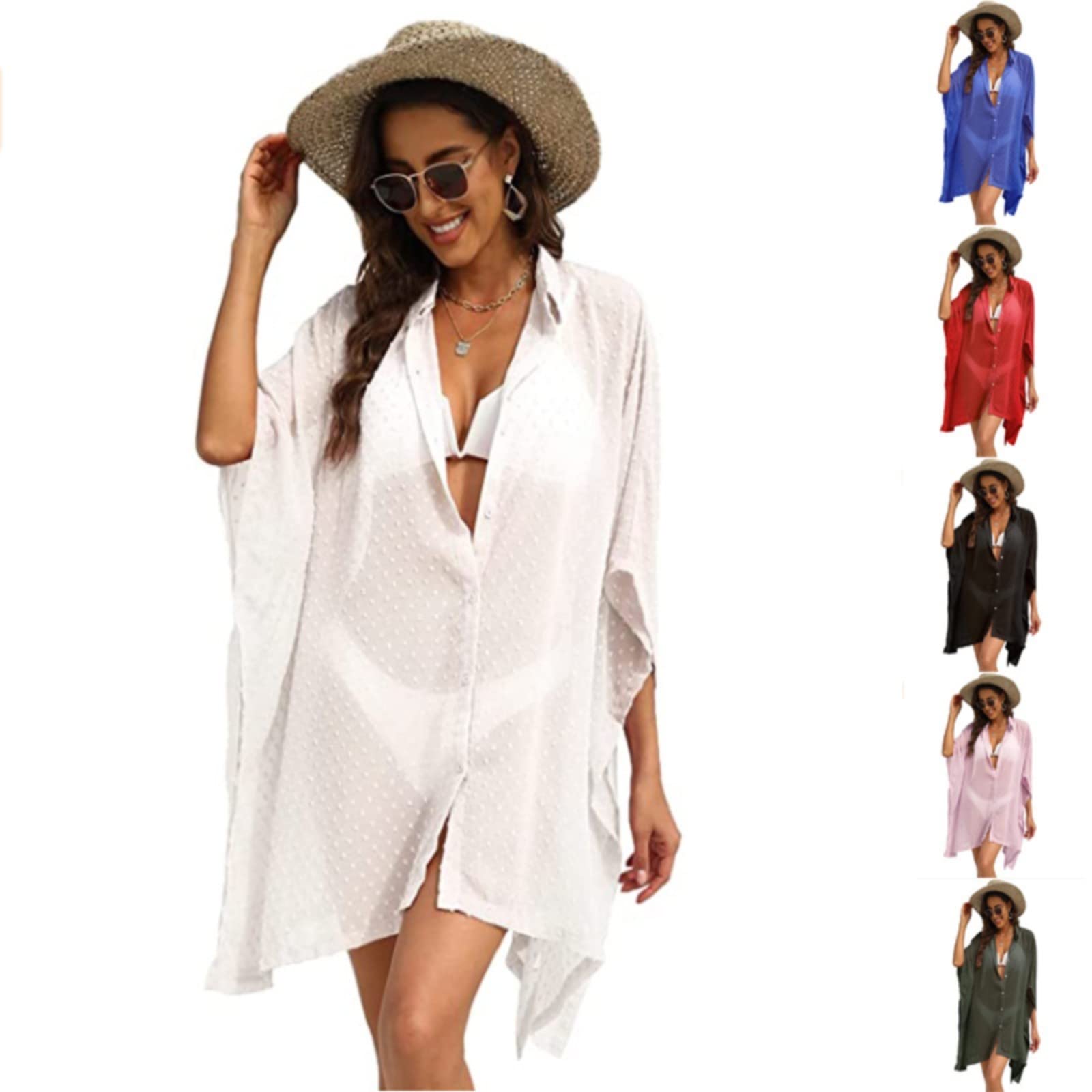 Strandkleid Swimsuit Cover Up for Women Plus Size Bathing Suit Cover Up Button Up Shirts Dots Splicing Casual Beach Cover Ups Strandkleider(Blue,L)