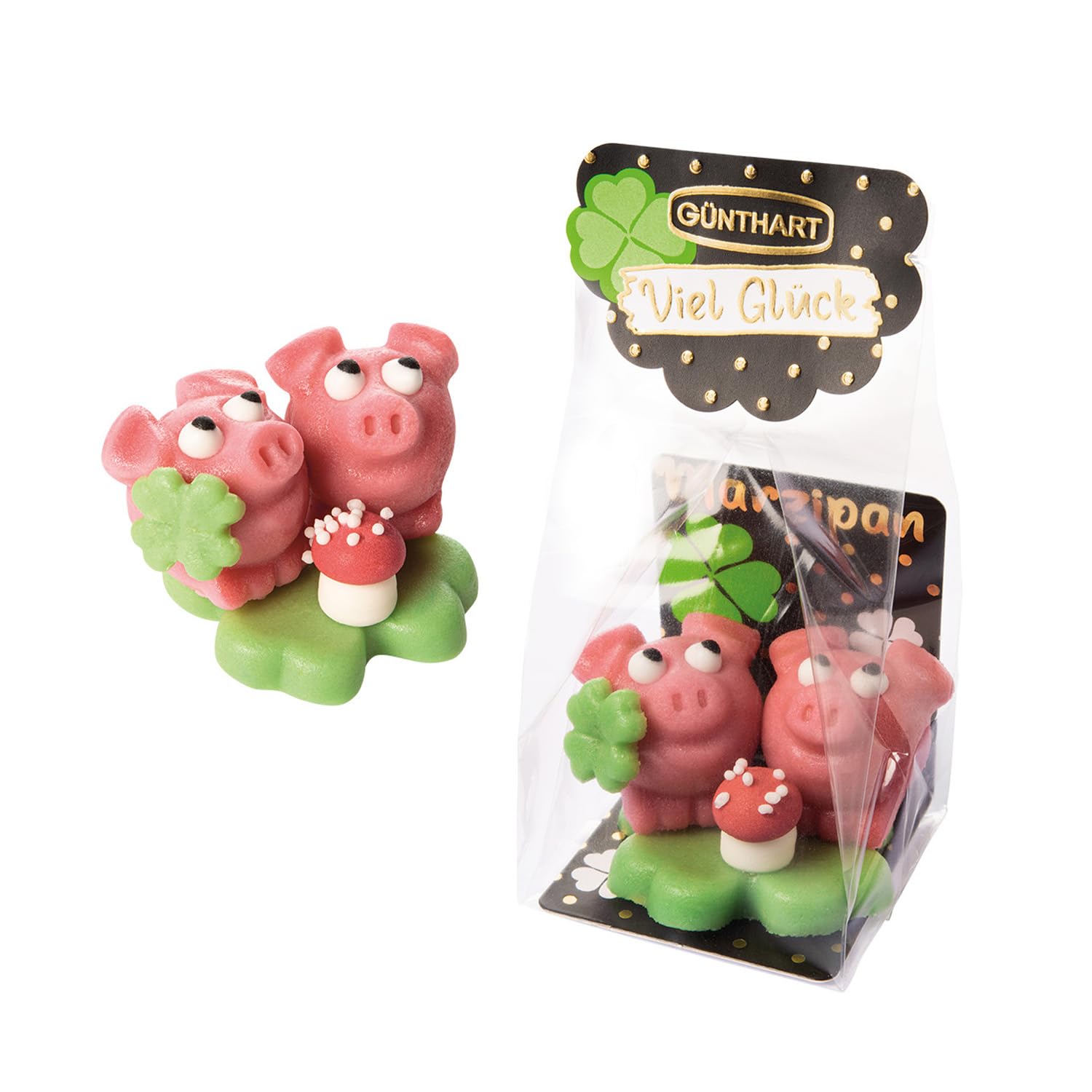 Günthart 1 Marzipan Schweinchen auf Kleeblatt, im Cellophanbeutel ... Günthart 1 Marzipan Schweinchen auf Kleeblatt, im Cellophanbeutel ...