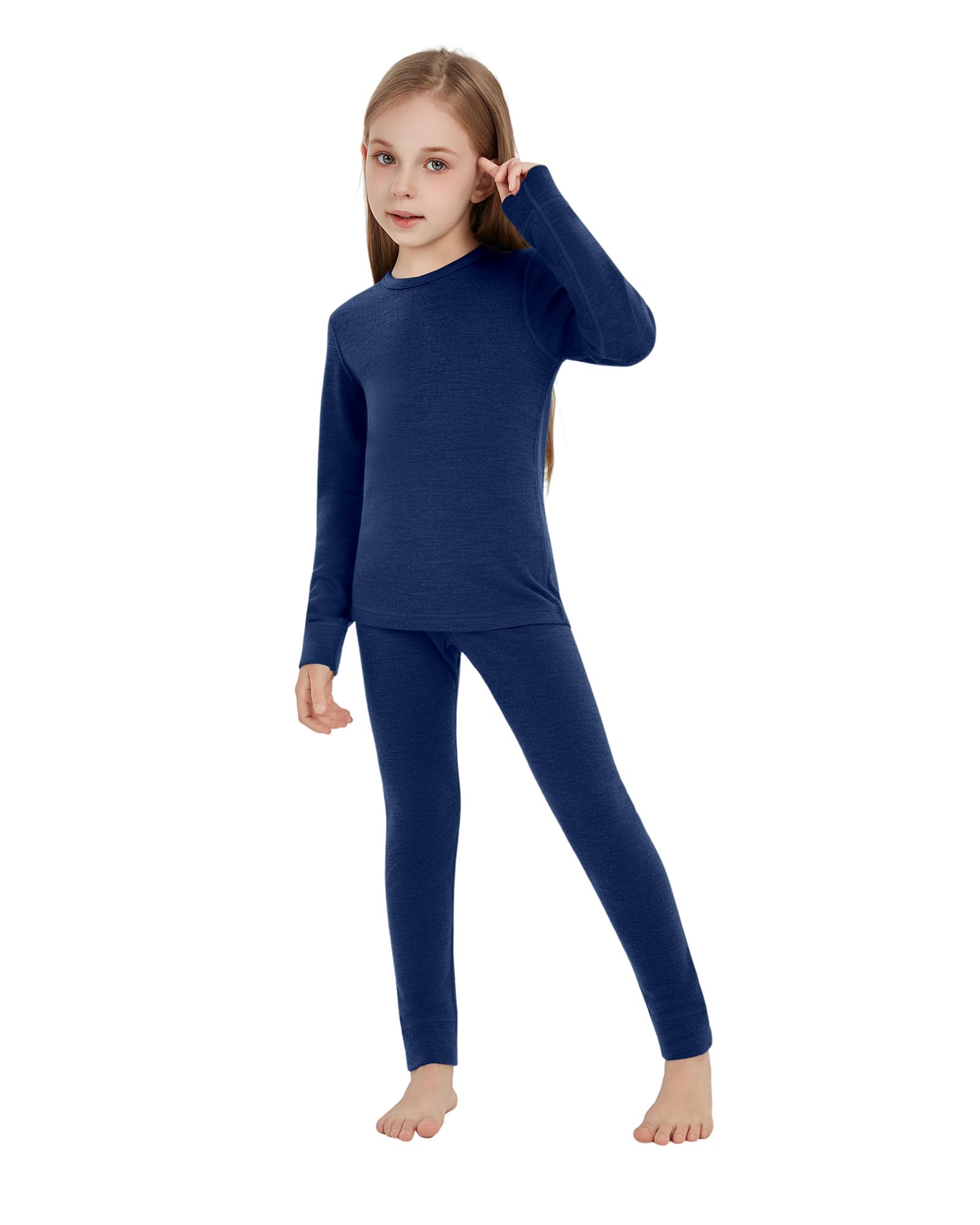 Ropa interior térmica infantil unisex, 100% lana merino, juego para niños y niñas, ropa interior de esquí de invierno, cálida y cómoda, 260 Navy, 7-8