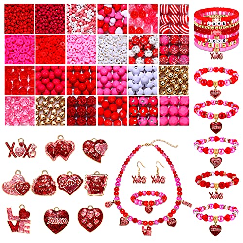 2300PCS+ Valentine’s Day Beads for Jewelry Making, Red Polymer Clay Beads Assorted Rhinestone Crystal Acrylic Beads Spacer Bead Heart Charms for Bracelet Necklace Making DIY Crafts (2300PCS A)