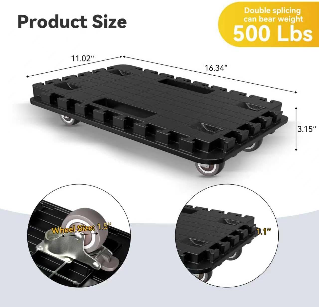2 Pack Furniture Dolly, Upgrade Dolly Cart with 4 Wheels, 16In-11In Single 155 LBS and Double-Pack 500 LBS Capacity, Small Portable and Connectable Moving Cart