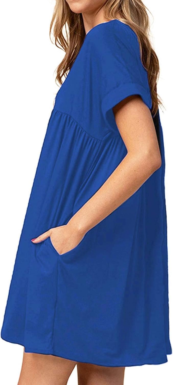 Jayscreate Women's Baby Doll Dress Summer Casual Tunic Pleated Flowy Swing Short Sleeve Black V Neck Mini Dress - Image 3