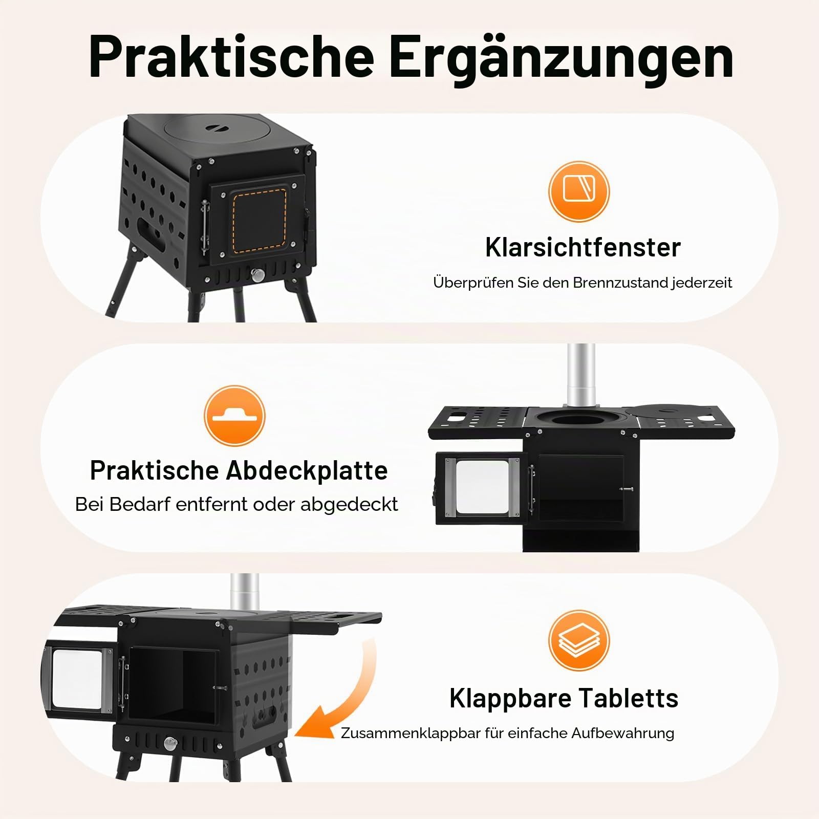 Klappbarer Camping Holzofen Zeltofen, Tragbarer Zeltkocher, Campingkocher mit Schornsteinrohre, Gartenofen Outdoor Ofen Campingofen, Mini Holzofen 36-56cm Höhenverstellbar, für Outdoor-Aktivi
